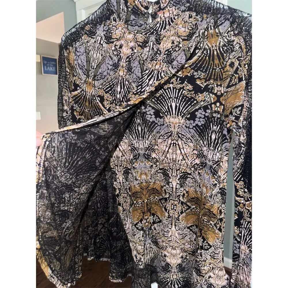 Free People Women's XS Tulip‎ Drape Nouveau Blouse Top Boho Coal Combo Lace